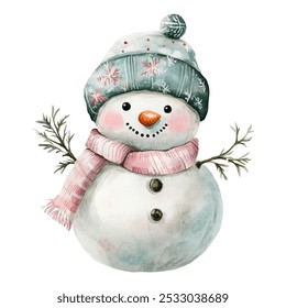 Bonitão de neve em um fundo branco. Ano Novo e cartão de Natal. Ilustração vetorial