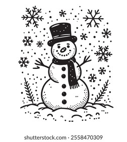 Cute Snowman Outline with snow flakes around. Christmas decoration, winters