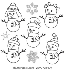 Cute snowman outline vector cartoon illustration