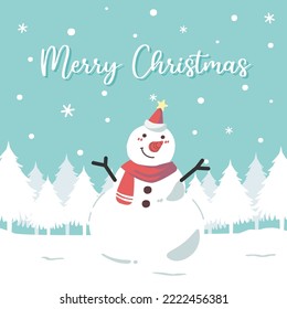 A cute snowman outside during snowfall, snowflake, blue sky in the forest flat vector illustration. Merry Christmas and happy new year greeting card, banner,