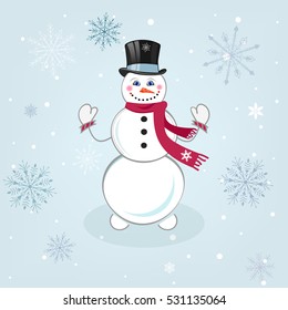 Cute snowman over beautiful christmas winter background vector illustration.