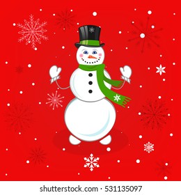 Cute snowman over beautiful christmas winter background vector illustration.