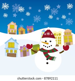 cute snowman over city winter landscape. vector