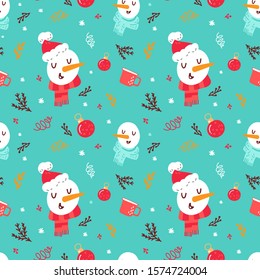 Cute snowman pattern with christmas hat, scarf, star, snowflake. Snowman is smiling. Cute fabric pattern. Baby textile pattern. Christmas cute pattern on blue background