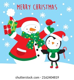 Cute Snowman with cute Penguin
