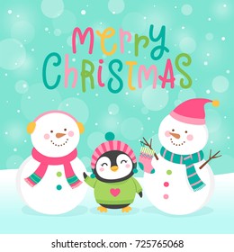 Cute snowman and penguin cartoon illustration for christmas card template