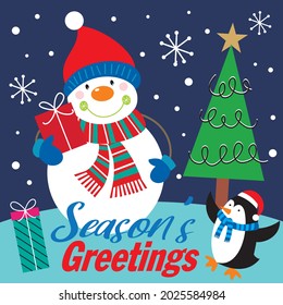Cute snowman and penguin for christmas card, gift bag or box design