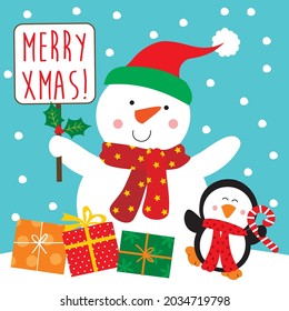 Cute snowman and penguin for christmas card, gift bag or box design