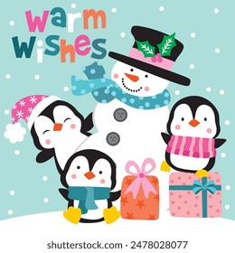 Cute Snowman and Penguin For Christmas Card or Bag design