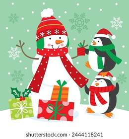 Cute Snowman with Penguin and Christmas Gifts