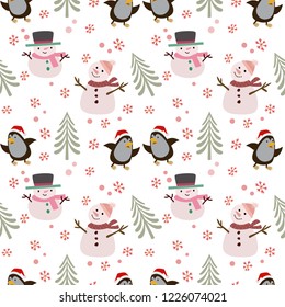 Cute snowman and penguin seamless pattern