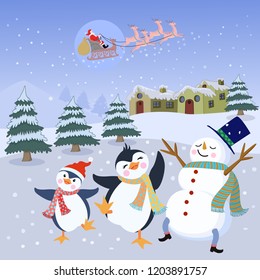 Cute snowman and penguin in winter christmas night.