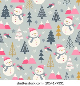 Cute snowman and pine tree seamless pattern for new year and christmas holidays.