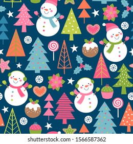 Cute snowman, pine trees and christmas elements seamless pattern background.
