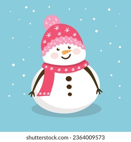 Cute snowman in a pink hat. Design for Christmas and New Year with snowman.