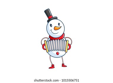 Cute Snowman playing  an accordion. vector Illustration. Isolated on white background.