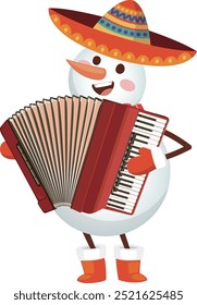 Cute snowman playing an accordion,wearing an orange sombrero and red boots,white background,bright colors.