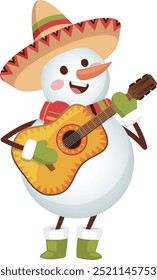 Cute snowman playing guitar, wearing a sombrero hat, in a colorful style,high-contrast colors,bright colors,on a white background.