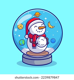 Cute Snowman Playing Snowball In Snow Globe Space Cartoon Vector Icon Illustration. Science Holiday Icon Concept Isolated Premium Vector. Flat Cartoon Style