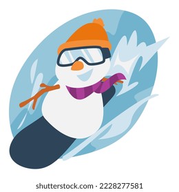 cute snowman playing snowboard. wear ski goggles, beanie cap and scarf. concept of winter, christmas. for template, sticker, print, sticker, etc. vector illustration