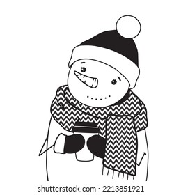 cute snowman portrait with cup of hot drink vector illustration