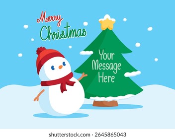 cute snowman is presenting something on christmas tree graphic