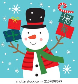 Cute Snowman with presents and cane