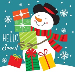 Cute Snowman With Presents On Blue