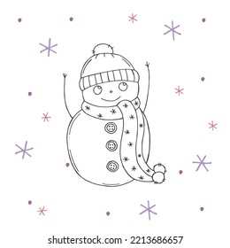 Cute snowman with purple and pink snowflakes on a white background. Vector illustration in doodle style. Winter mood. Hello 2023. Merry Christmas and Happy New Year. 