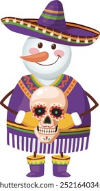 A cute snowman in a purple poncho, holding a sugar skull and wearing a sombrero, in a clipart style, isolated on a white background, with a flat design illustration.