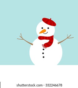 Cute snowman in red beret hat. Vector illustration