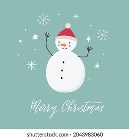 Un muñeco de nieve con gorra roja. Fondo con copos de nieve. Feliz letulación navideña. Plantilla de tarjeta de felicitación. Ilustración del vector