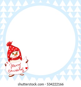 Cute snowman in a red cap drawing, children illustration, design postcards, Christmas pattern Christmas background for your inscription