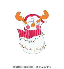 cute snowman with red cheeks, reindeer antlers on his head with santa claus hat