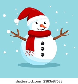 Cute snowman in red christmas hat and scarf