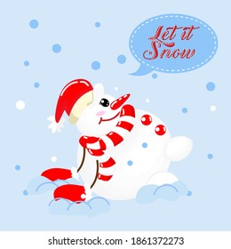 A cute snowman in a red hat, red mittens sits in a snowdrift on a blue background in a flat style, cartoon. Cheerful snowman on winter New Year holidays.