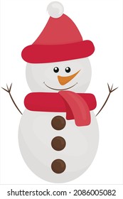 süßer Schneemann auf einem roten Hut und einem Schal mit Karottennase - Weihnachtskinderbild, Vektorgrafik auf flachem Hintergrund, Neujahr, Karneval