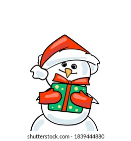 Cute snowman in a red Santa hat holding gift box. Christmas background. Vector illustration.