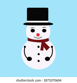 Cute snowman in red scarf and black hat isolated on blue. Vector illustration in flat style