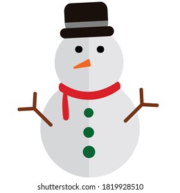 Cute snowman in red scarf with carrot nose and twig hands. Christmas