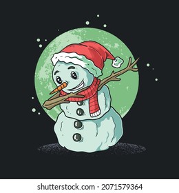 Cute Snowman With Red Scarf Dabbing In The Night Winter