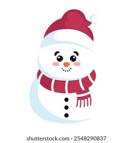 Cute snowman in red scarf and hat, Vector