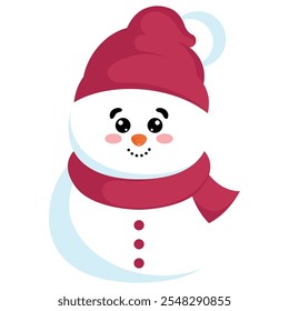Cute snowman in red scarf and hat, Vector
