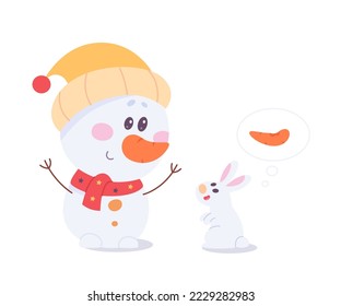 Un muñeco de nieve lindo con bufanda roja y personajes de sombrero de punto de lana y conejo disfrutan de ilustraciones vectoriales de vacaciones de invierno. Caricatura animal divertido pidiendo la decoración de zanahoria de la nariz de los hombres de nieve aislada en blanco