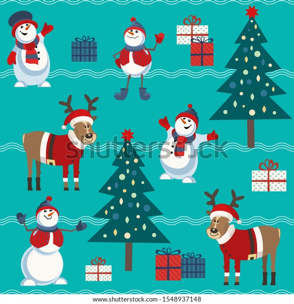 Cute Snowman Reindeer Christmas Tree Vector Stock Vector Royalty Free