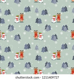 Cute snowman and reindeer in the forest. Cute Christmas concept.