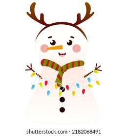 Cute snowman with reindeer headband holding christmas lights garland in cartoon style, isolated on white background, clip art for poster design or greetings cards, invitations