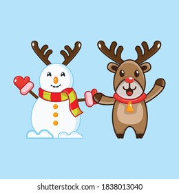 cute snowman and reindeer vector christmas illustration