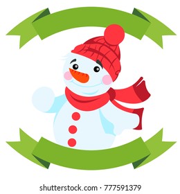 Cute snowman with ribbon banner. Vector illustration isolated on white background for logos, stickers and other items.