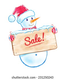 Cute snowman with sale sign. Vector illustration. Isolated.